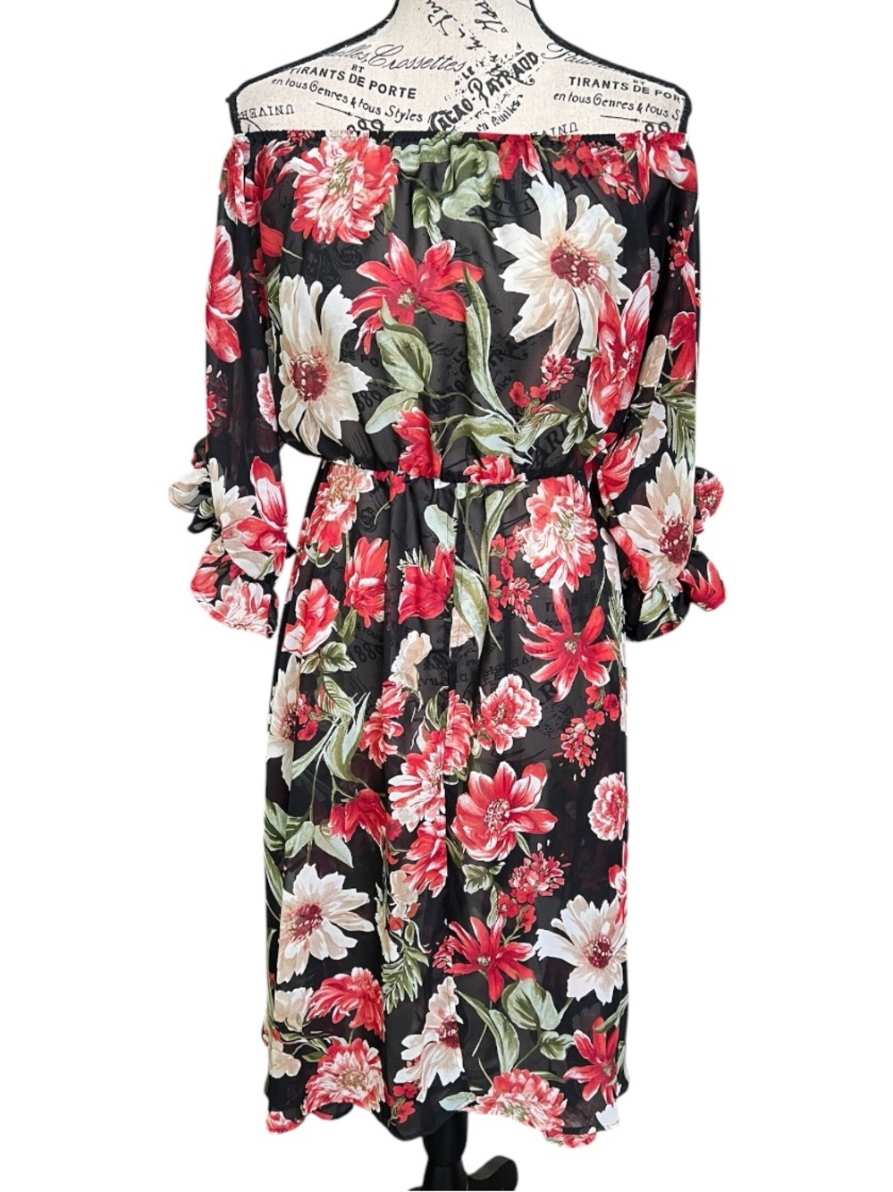 Off-Shoulder Black Floral Swim Coverup